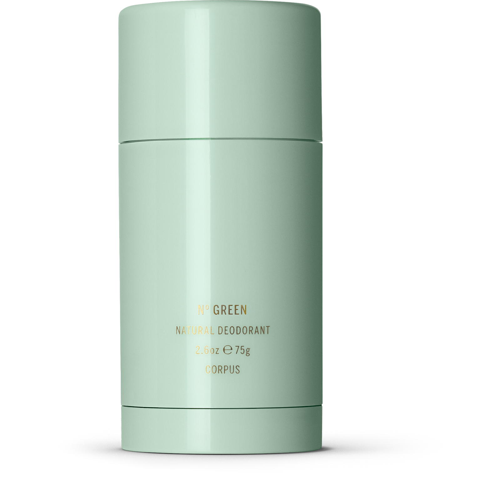 A cylindrical container of natural green deodorant on a white background.