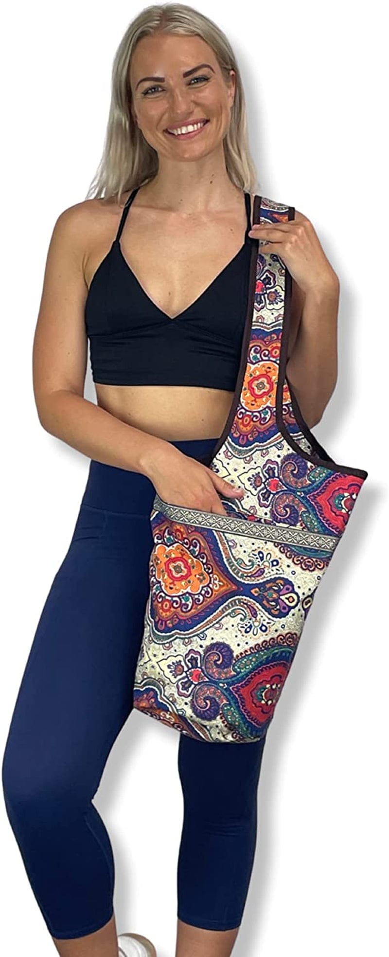 Yoga Mat Carrying Tote Bag with Large Pockets, a Zipper Pocket, with Space to Fit Most Size Mats